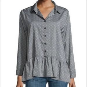 The Great. The Drop Ruffle Polka Dot Oxford Top